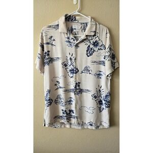 Porter & Ash Mens Medium Linen Blend Tropical Hawaiian Camp Shirt Blue Cream M